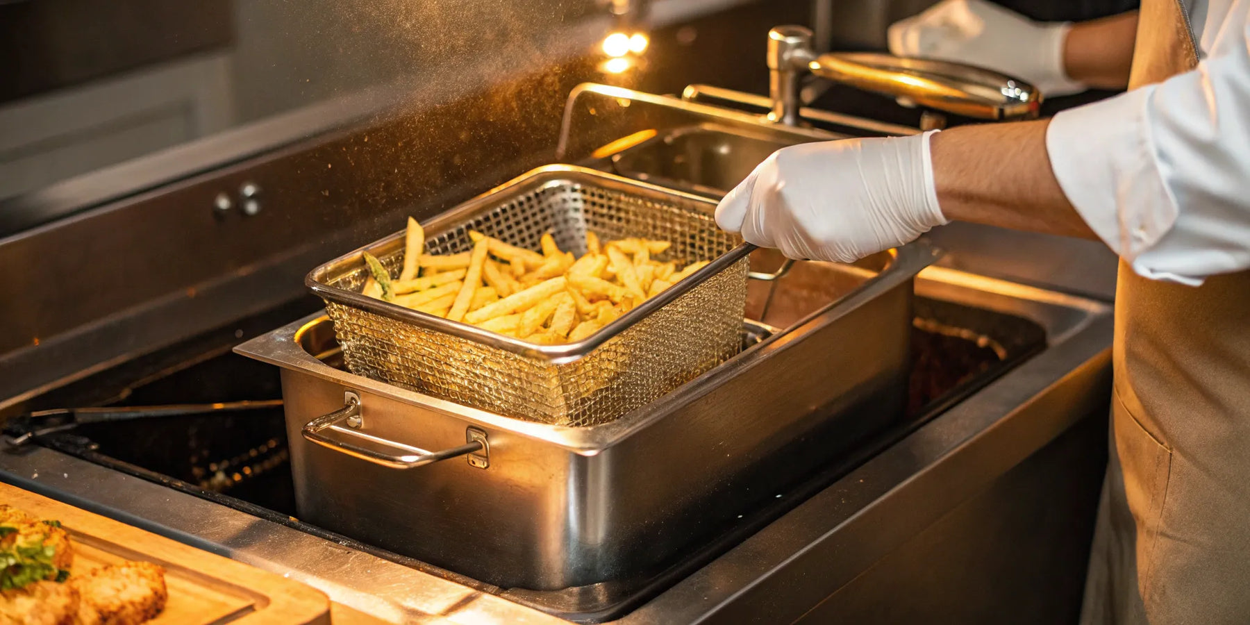 Electric commercial deep fryer with a basket of golden fries being lifted from the oil.