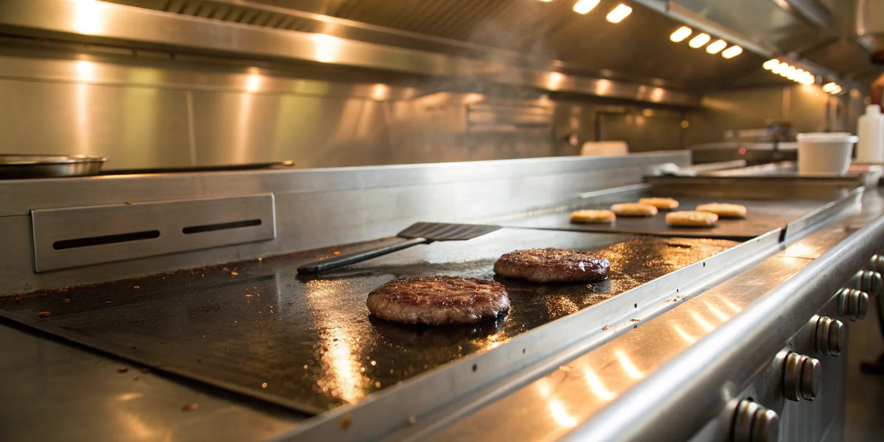 Flat top grill cooking burgers and sausages.