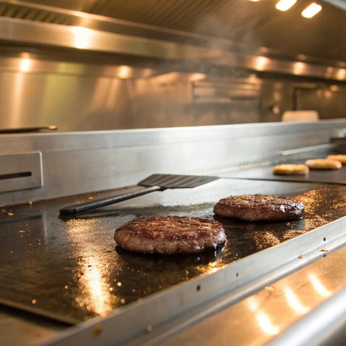 Flat top grill cooking burgers and sausages.