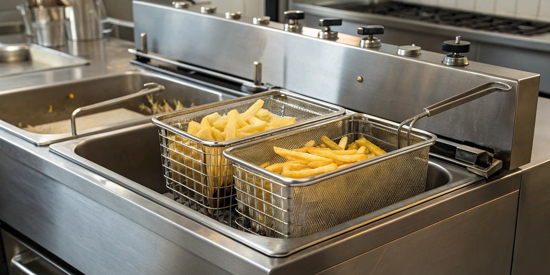 Commercial restaurant fryers cooking golden French fries in a busy kitchen.