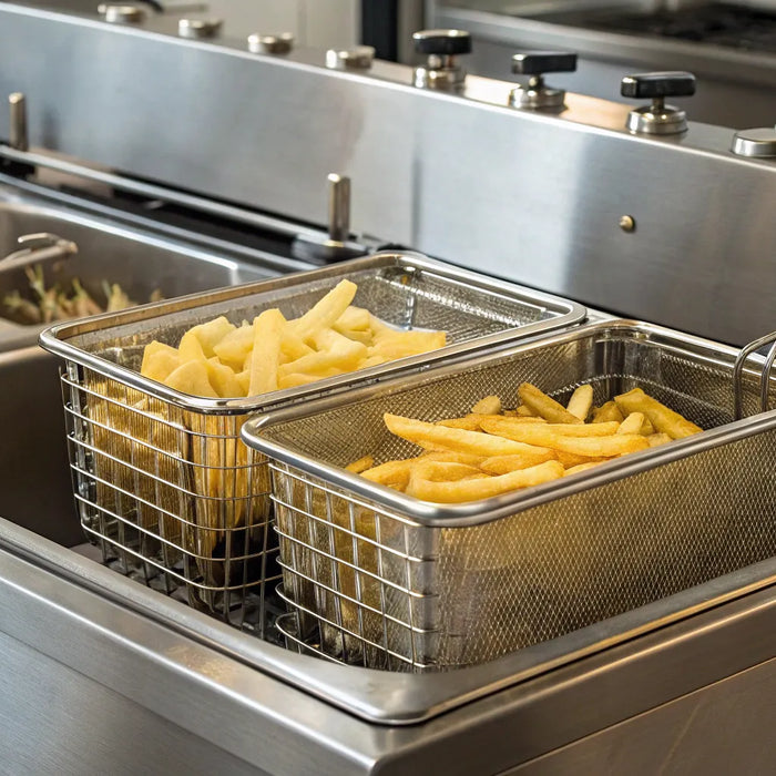 Commercial restaurant fryers cooking golden French fries in a busy kitchen.