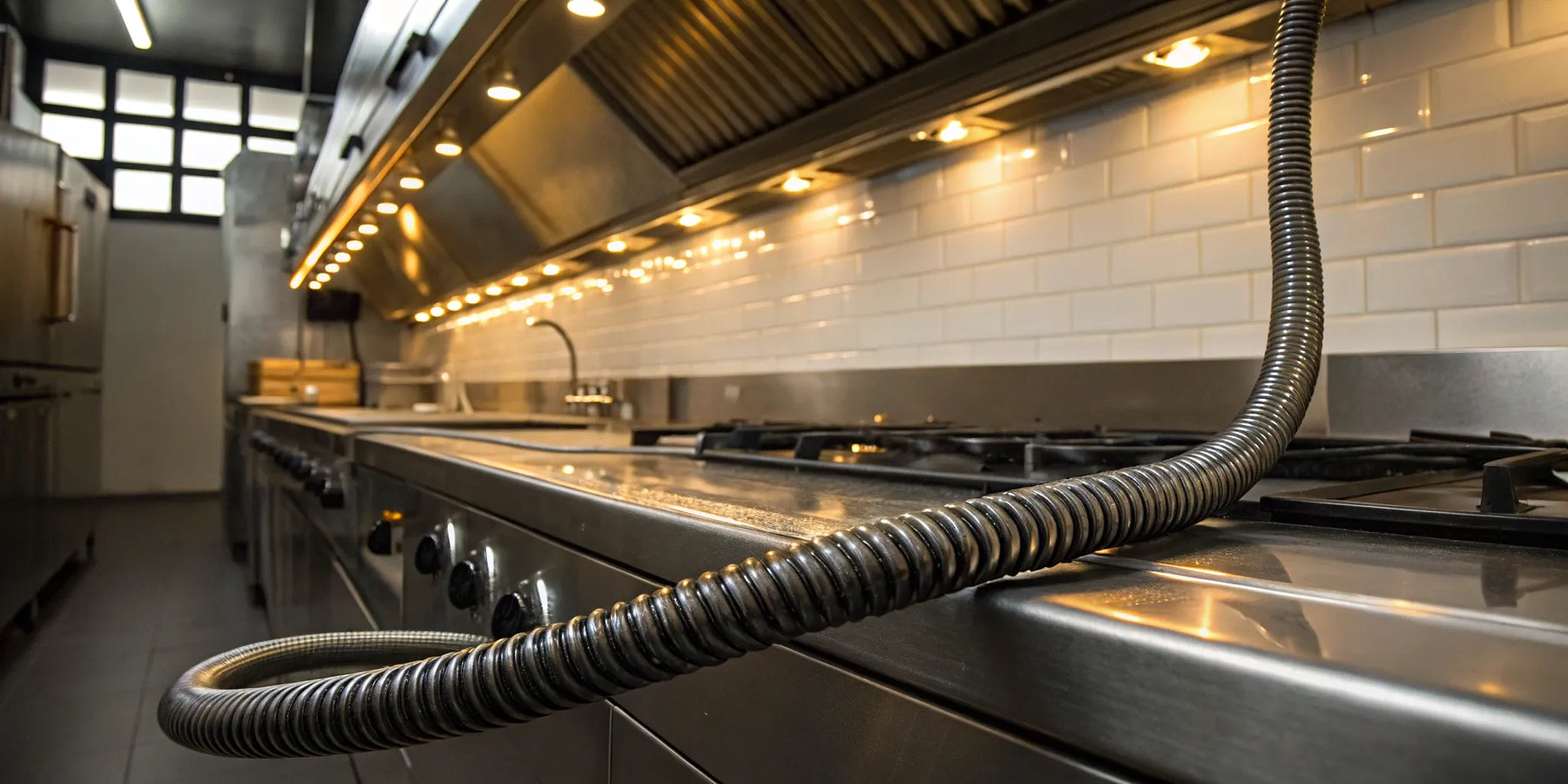 Flexible metal gas hose connected to restaurant appliance.