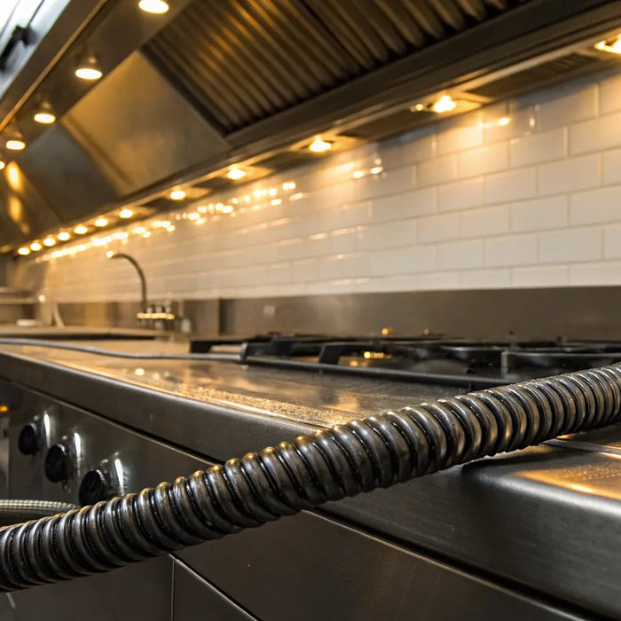 Flexible metal gas hose connected to restaurant appliance.