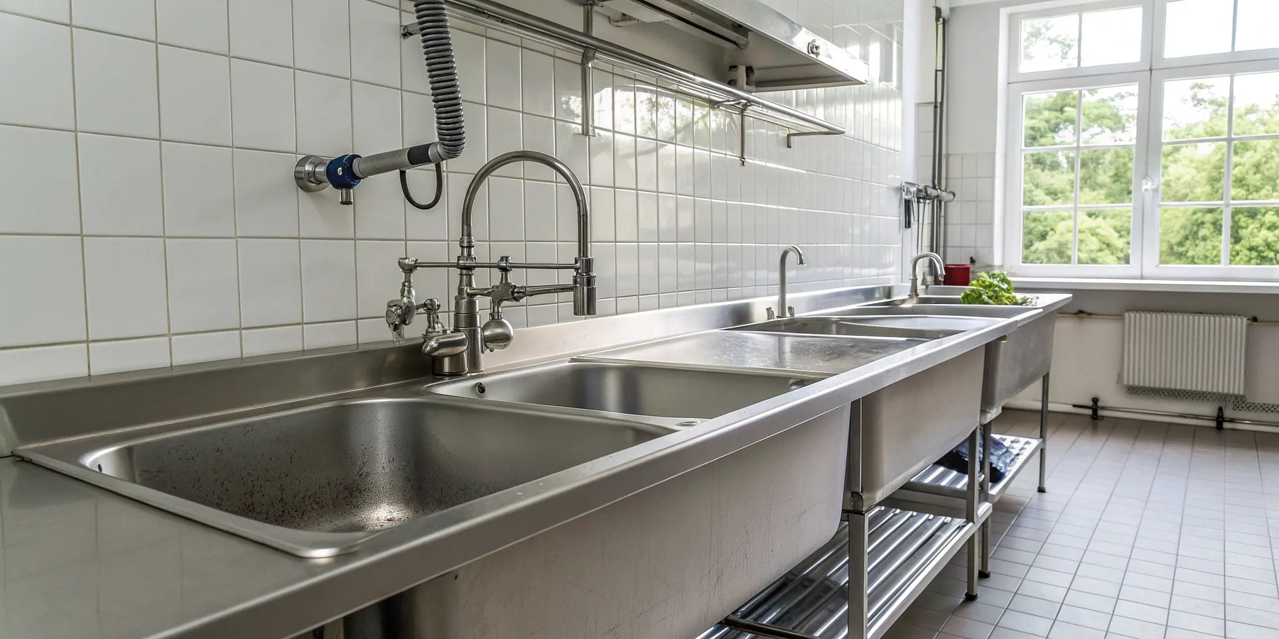 A multi-bowl industrial stainless steel sink in a commercial kitchen.