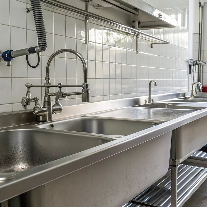 A multi-bowl industrial stainless steel sink in a commercial kitchen.