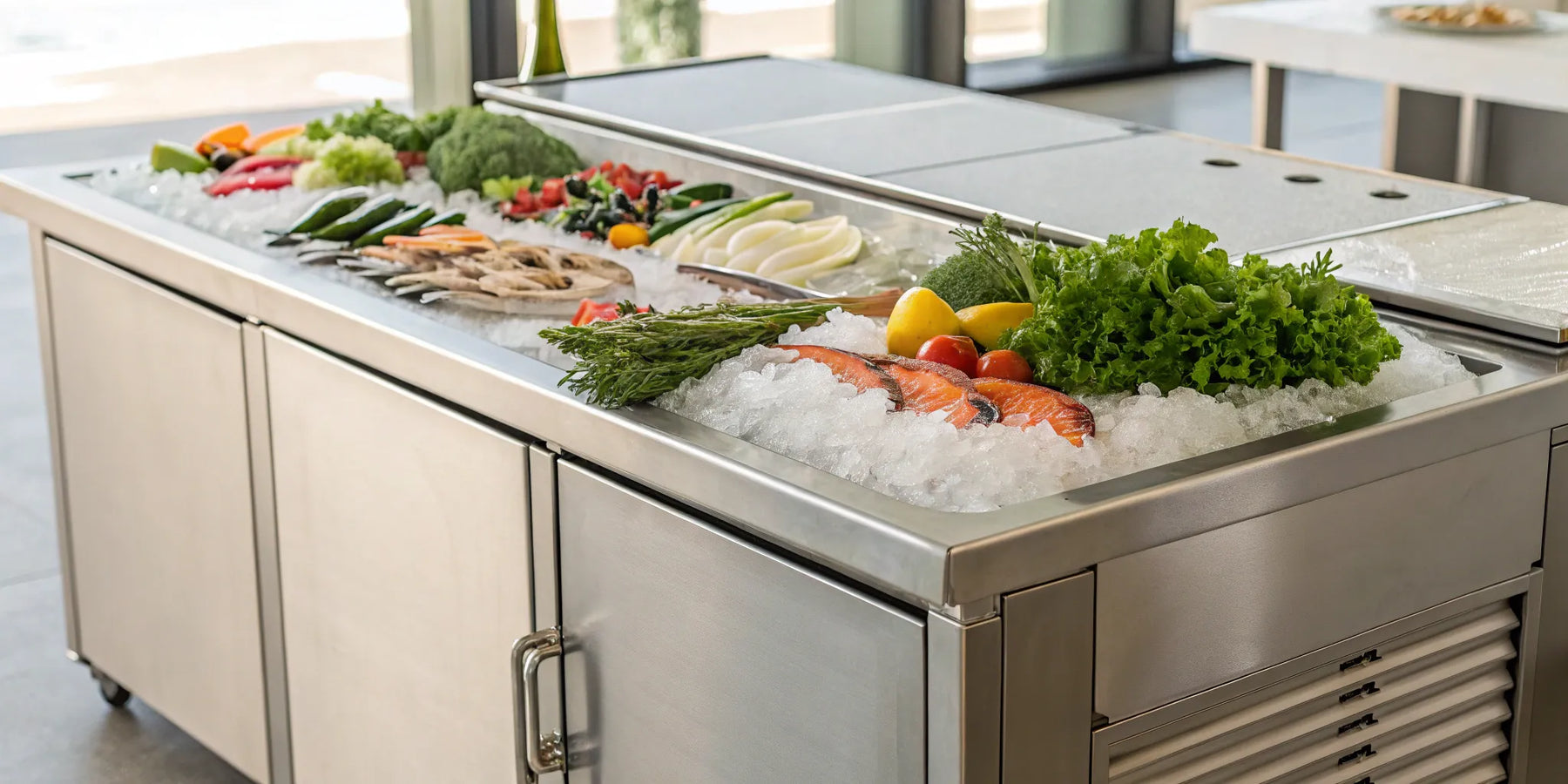 Refrigerated table top in a commercial kitchen.