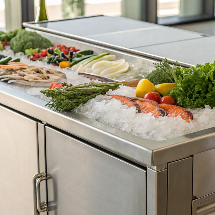 Refrigerated table top in a commercial kitchen.