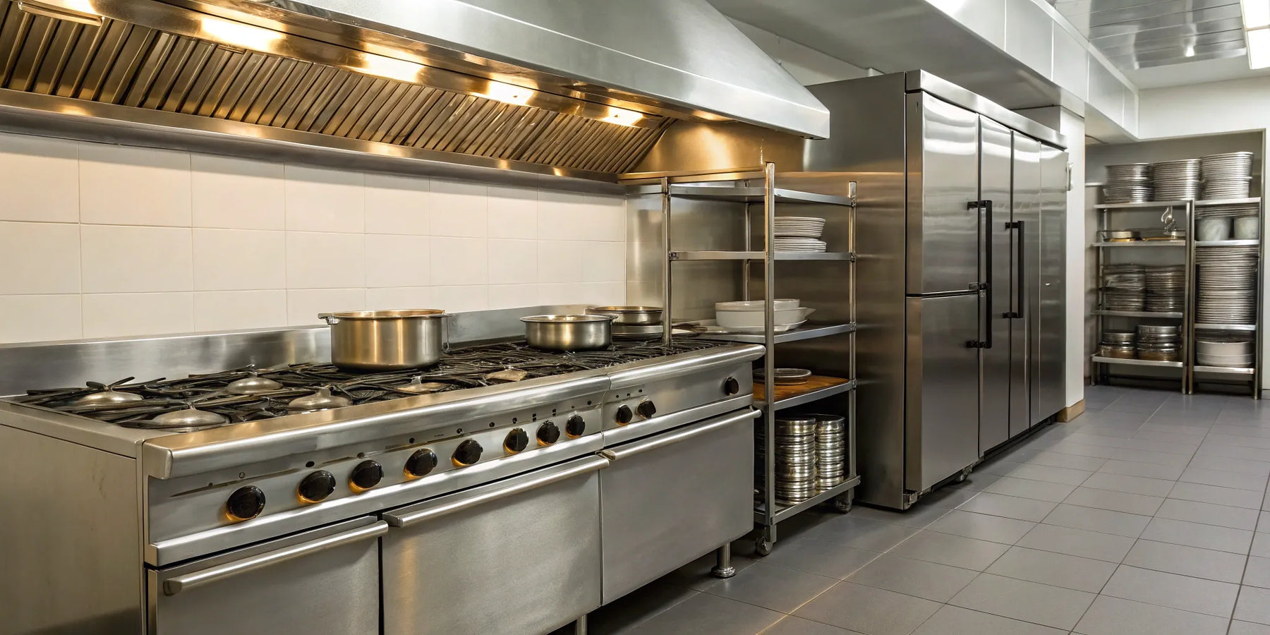 Essential restaurant equipment: gas range, refrigerator, and storage.