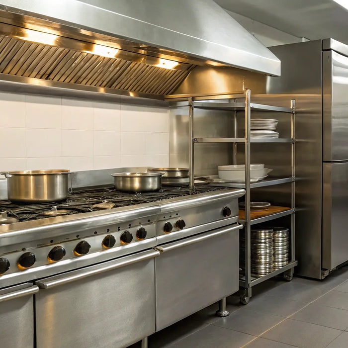 Essential restaurant equipment: gas range, refrigerator, and storage.