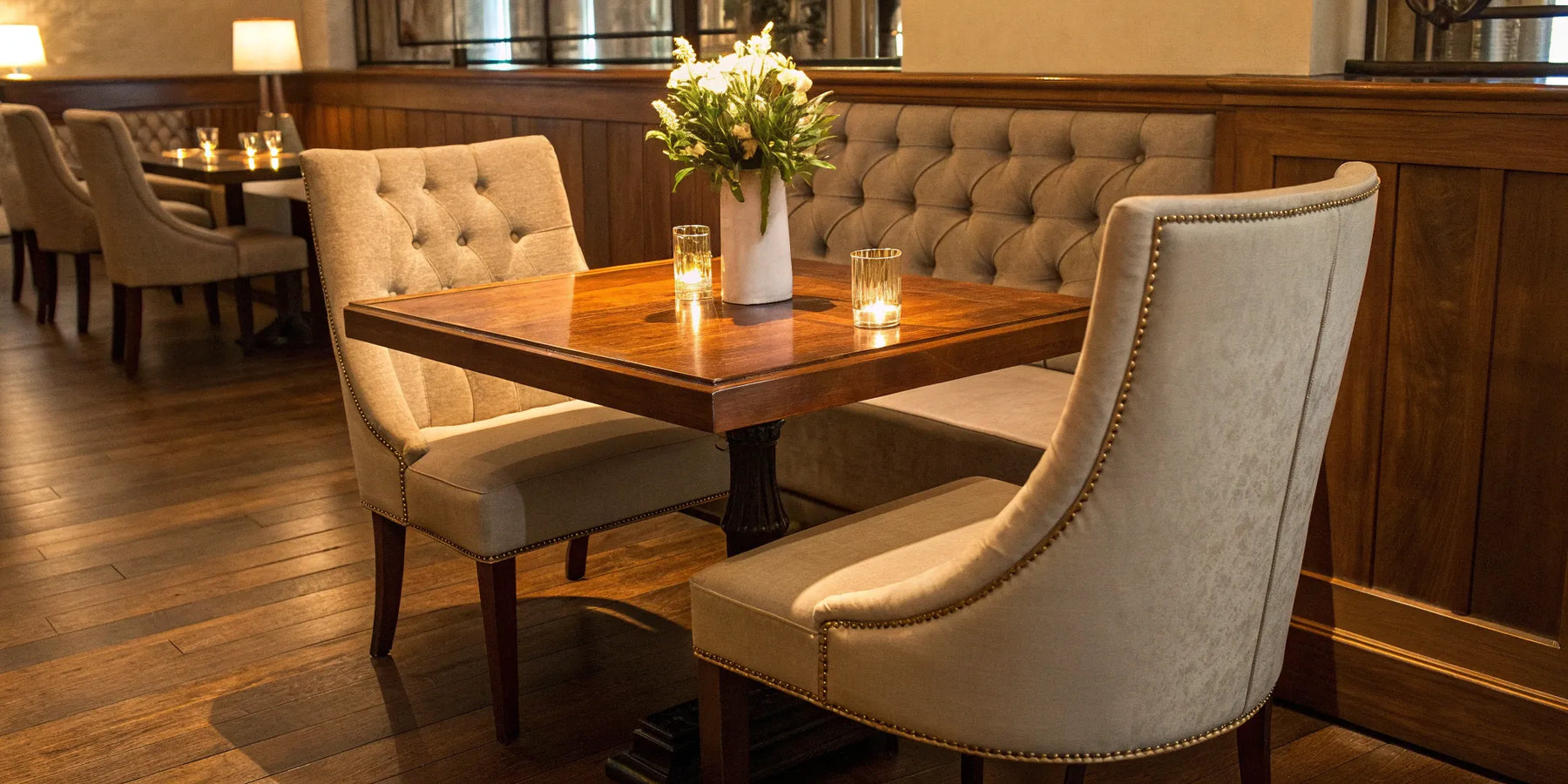 Coordinated commercial restaurant furniture with upholstered chairs, a wooden table, and banquette seating.