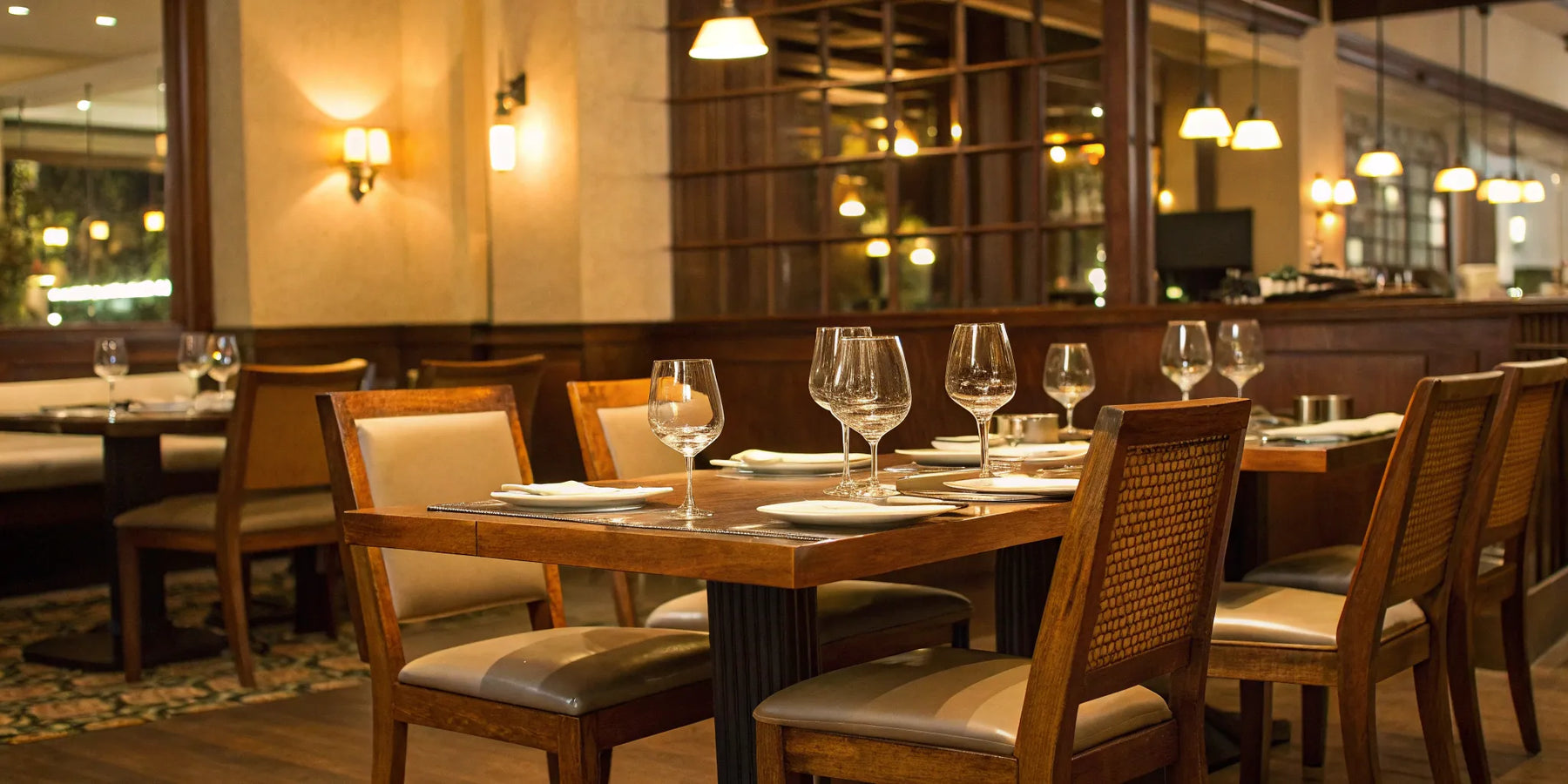 Restaurant furniture: Tables, chairs, and glassware.