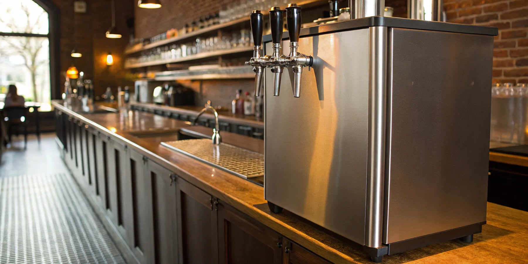 Stainless steel restaurant kegerator with multiple taps.