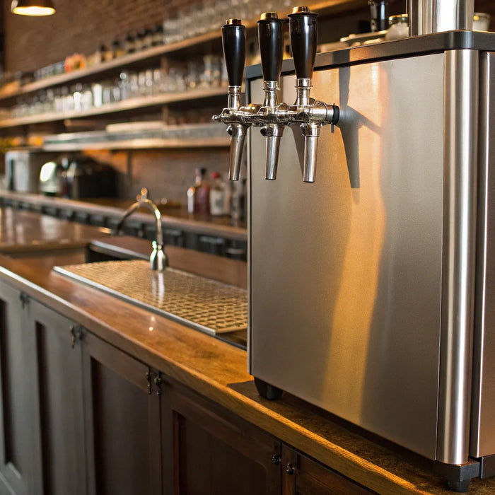 Stainless steel restaurant kegerator with multiple taps.