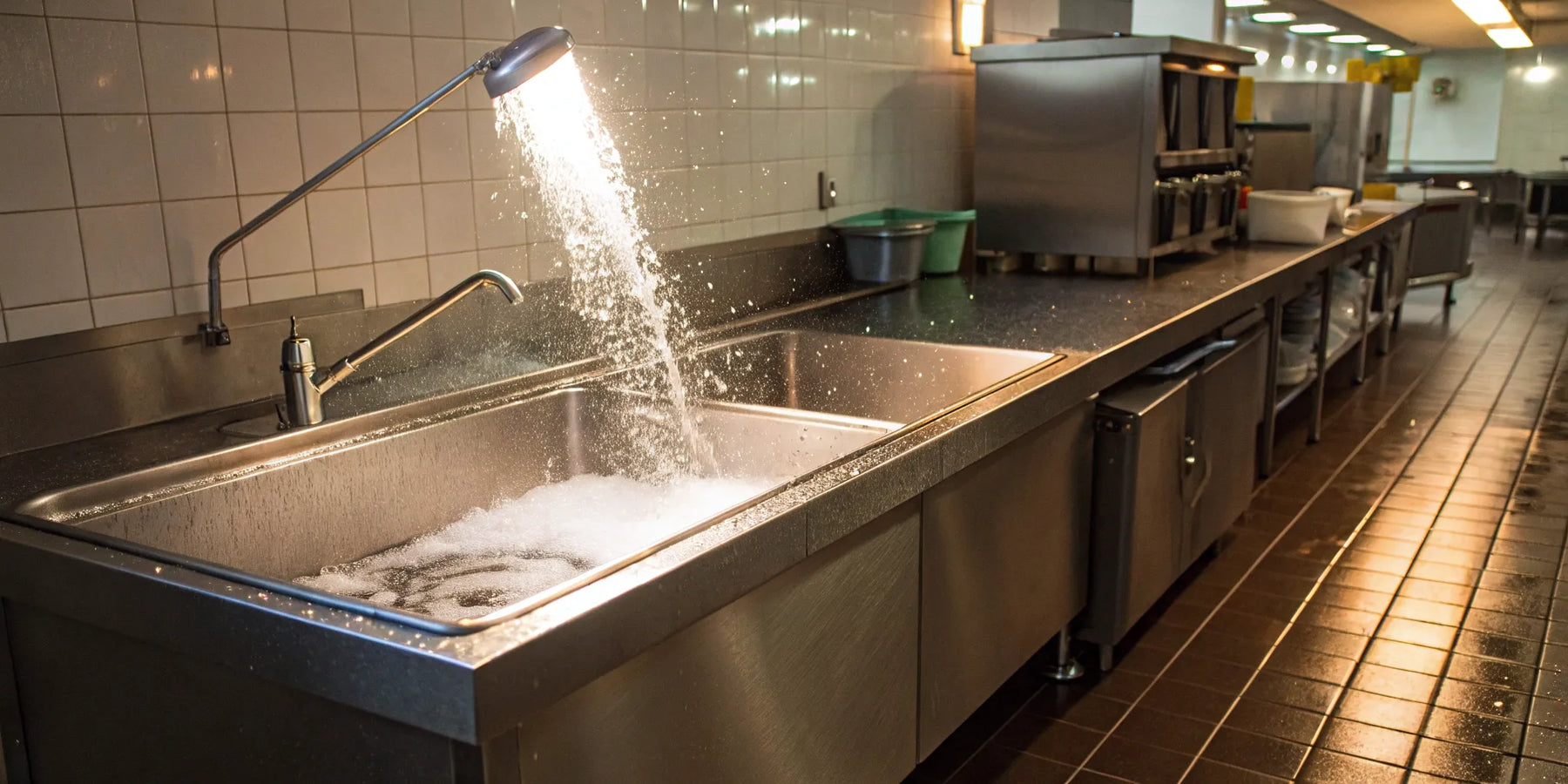 Stainless steel mop sink with sprayer in a commercial kitchen.