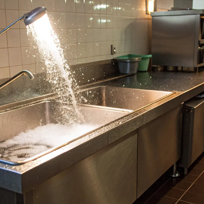 Stainless steel mop sink with sprayer in a commercial kitchen.