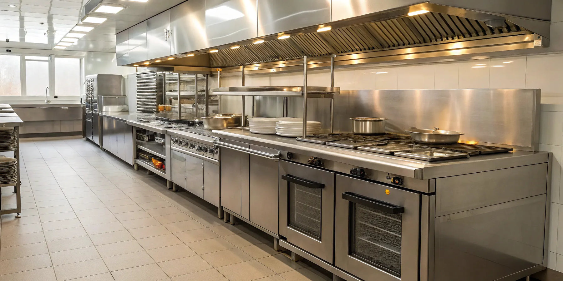 Essential restaurant supply equipment like stainless steel ovens and stoves in a commercial kitchen.