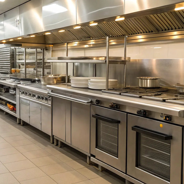 Essential restaurant supply equipment like stainless steel ovens and stoves in a commercial kitchen.