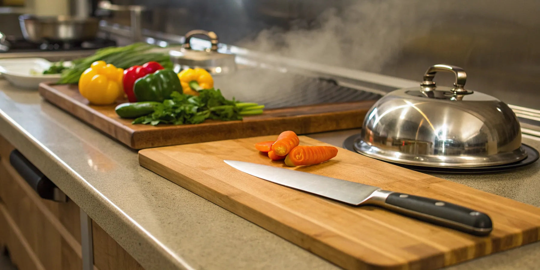 Chef's knife and fresh vegetables on a prep table at a Fort Worth restaurant supply.