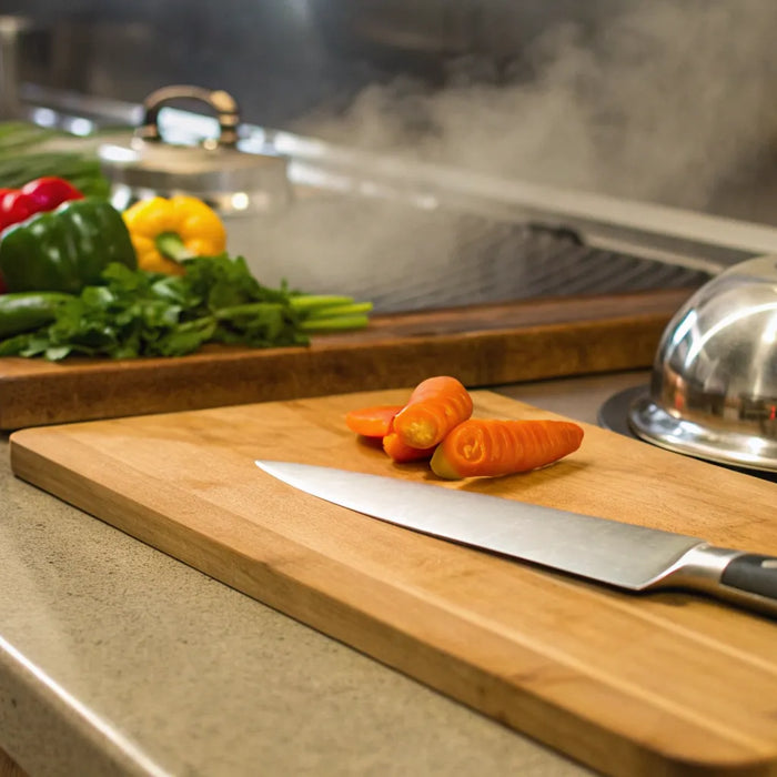 Chef's knife and fresh vegetables on a prep table at a Fort Worth restaurant supply.