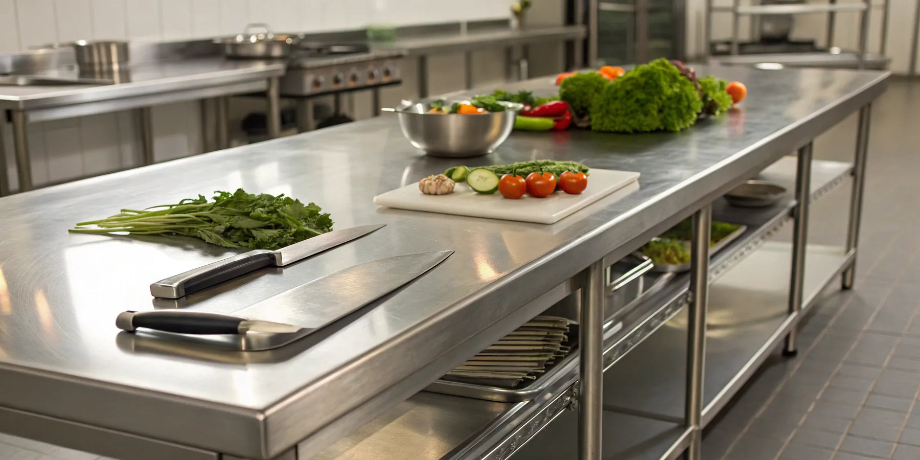 Stainless steel prep table ready for food preparation.