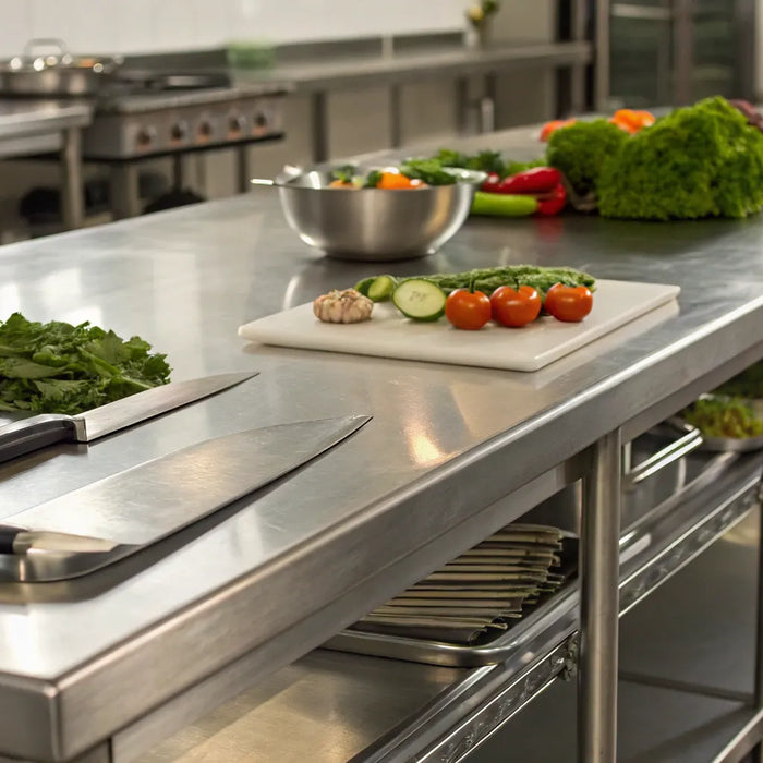 Stainless steel prep table ready for food preparation.
