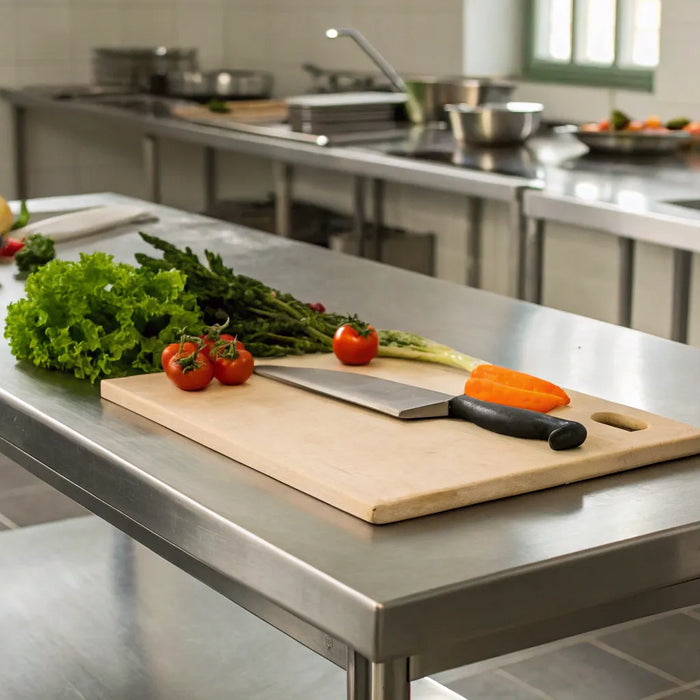 Stainless steel prep table in a commercial kitchen.