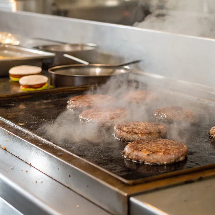 Burger patties sizzling on a hot restaurant griddle as steam rises.