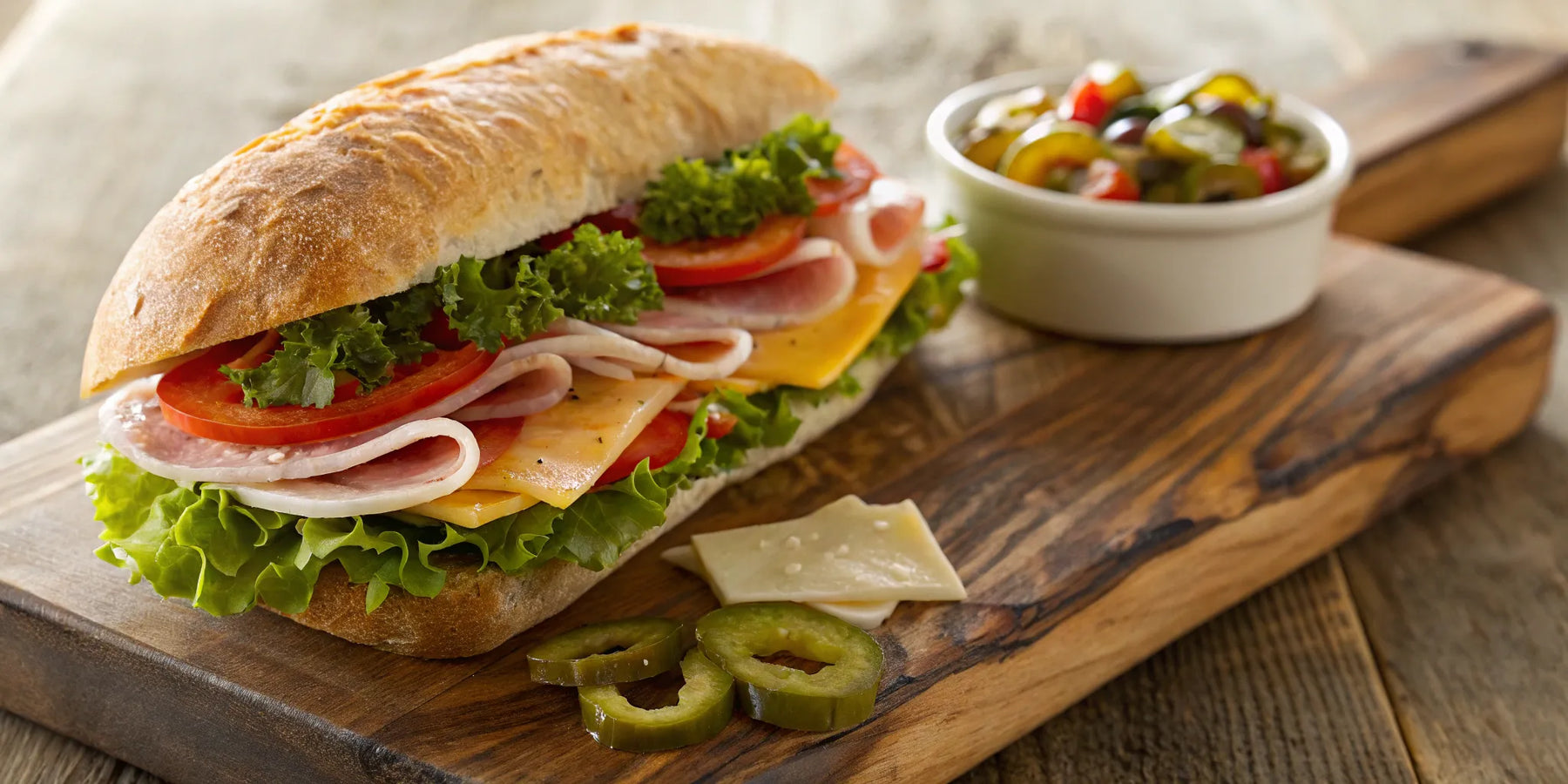 Hero sandwich overflowing with meats, cheeses, and fresh toppings on a wooden board.