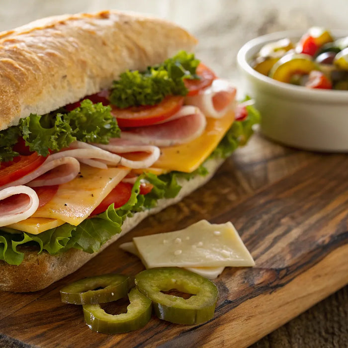 Hero sandwich overflowing with meats, cheeses, and fresh toppings on a wooden board.