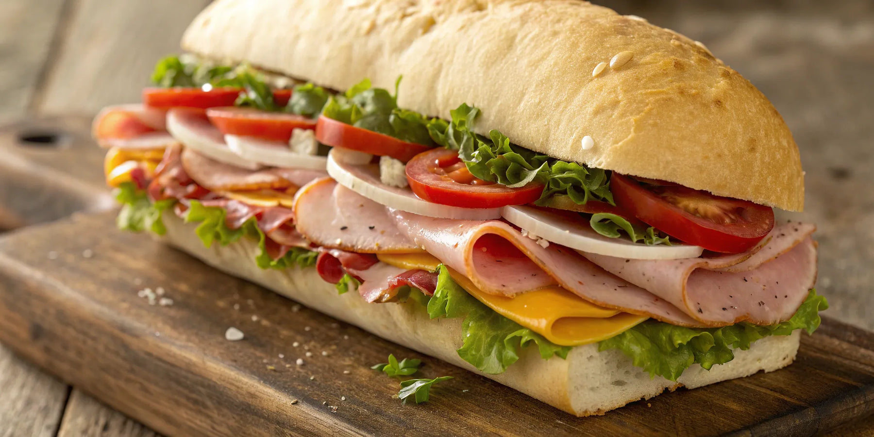 Hero sub loaded with meats, cheeses, and fresh toppings.