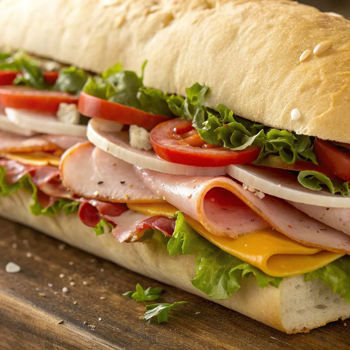 Hero sub loaded with meats, cheeses, and fresh toppings.