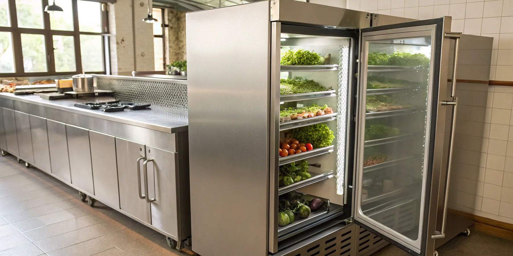 T-23 commercial refrigerator with open door, displaying adjustable shelves and fresh produce.