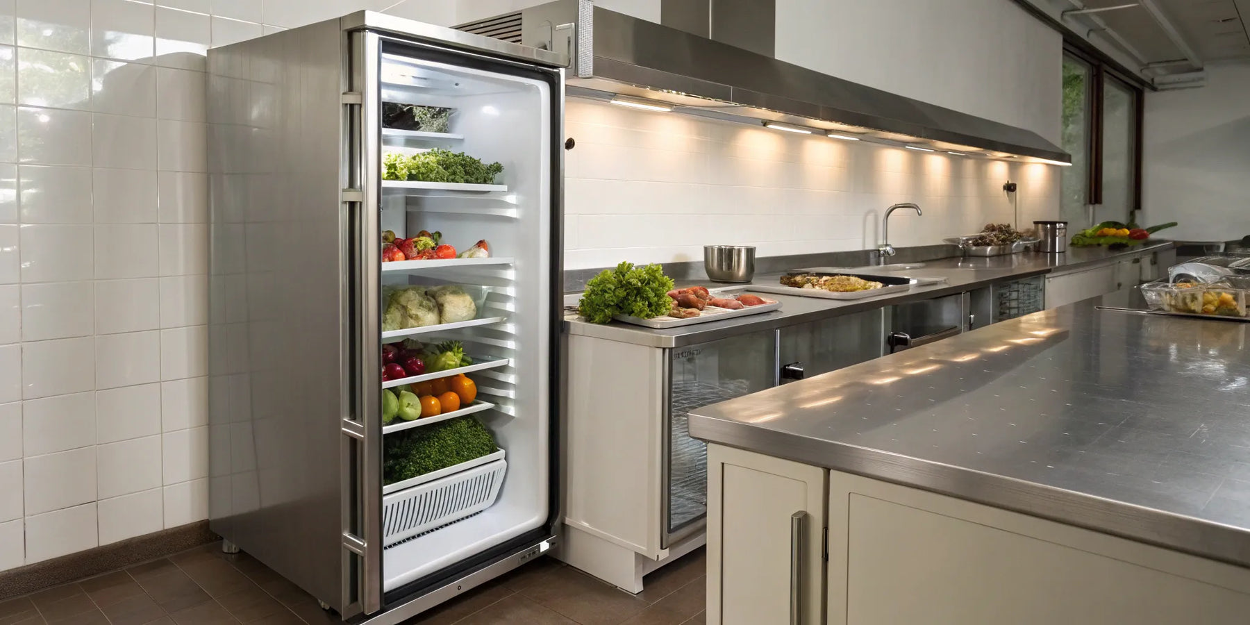 Under-counter refrigerator with stainless steel finish in commercial kitchen.