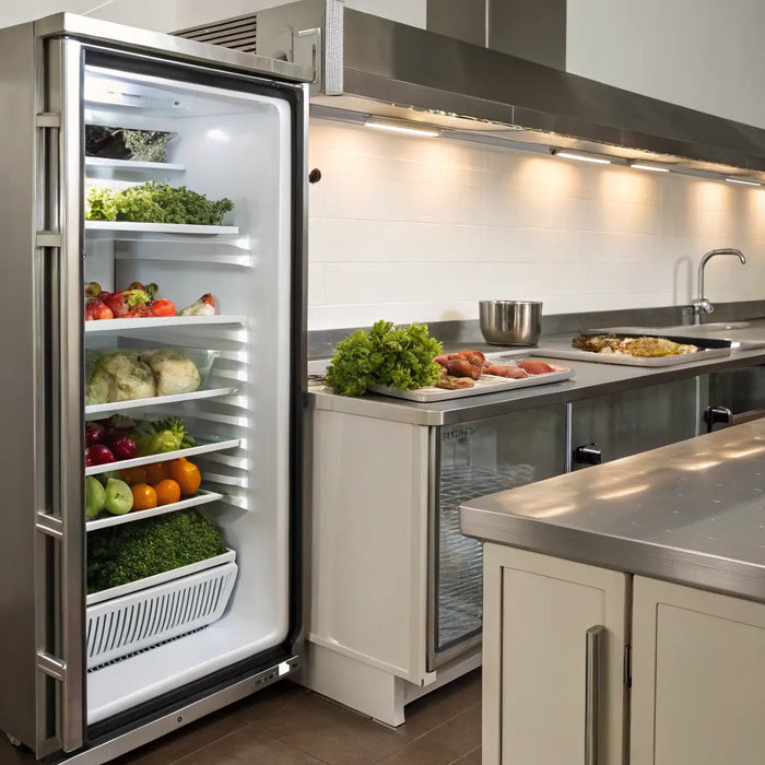 Under-counter refrigerator with stainless steel finish in commercial kitchen.