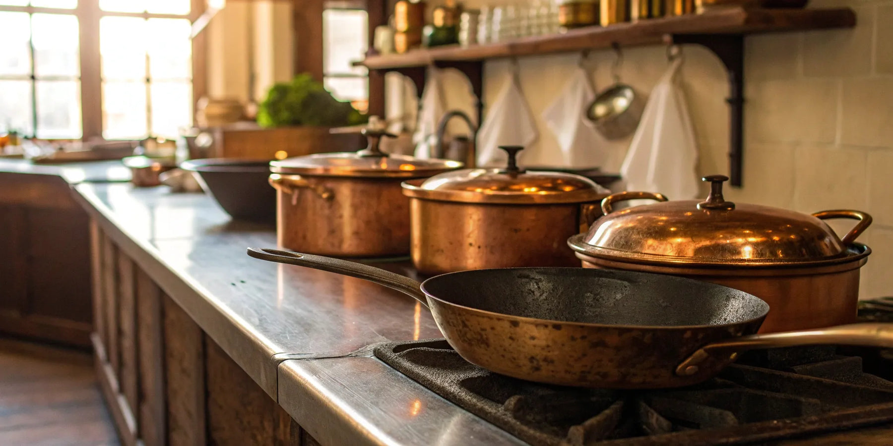 Used restaurant supplies, including pots and pans, on a commercial kitchen counter.