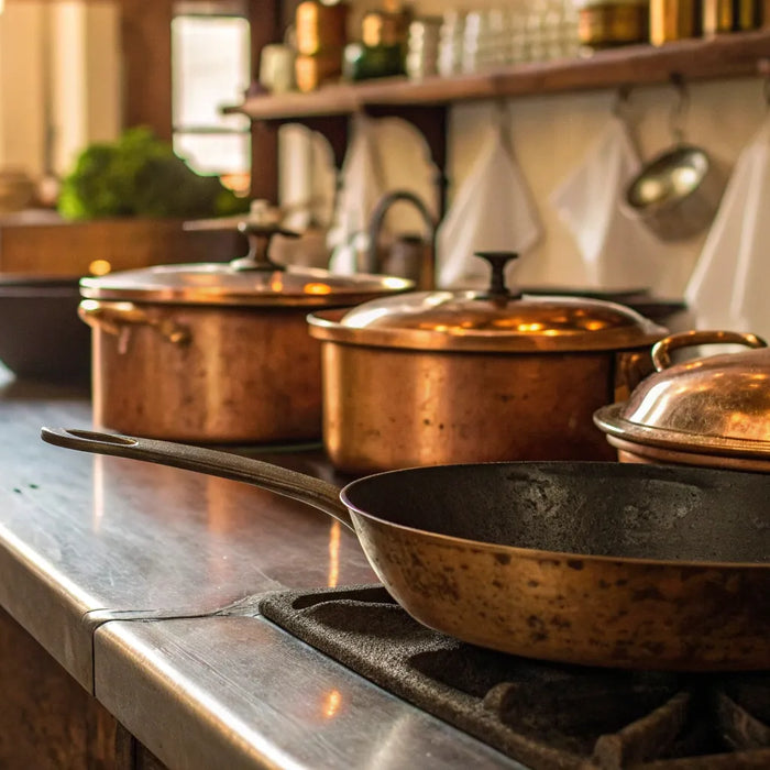 Used restaurant supplies, including pots and pans, on a commercial kitchen counter.
