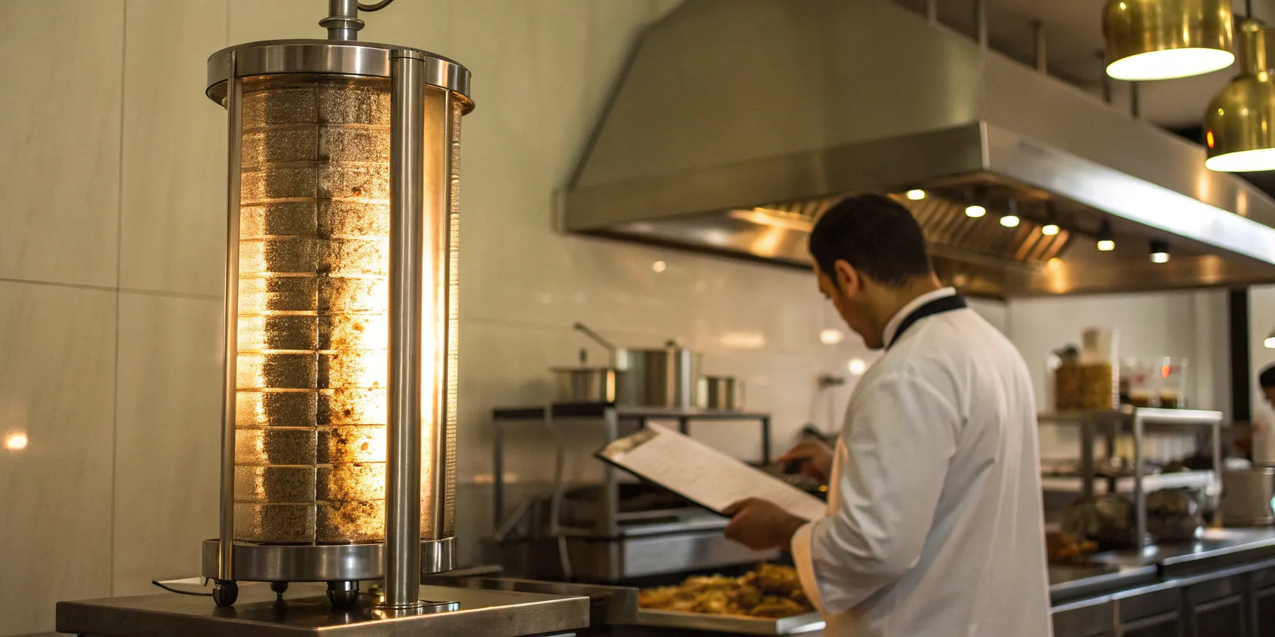 Vertical gyro machine rotating meat.