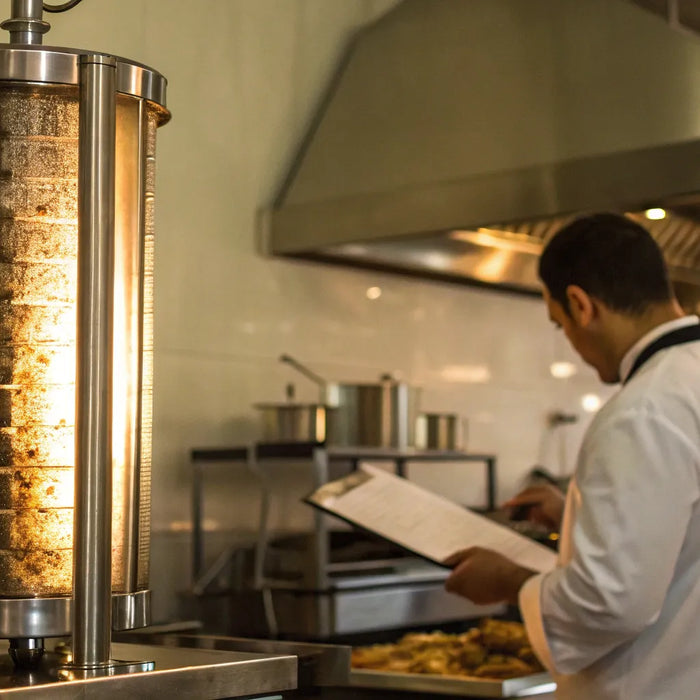 Vertical gyro machine rotating meat.