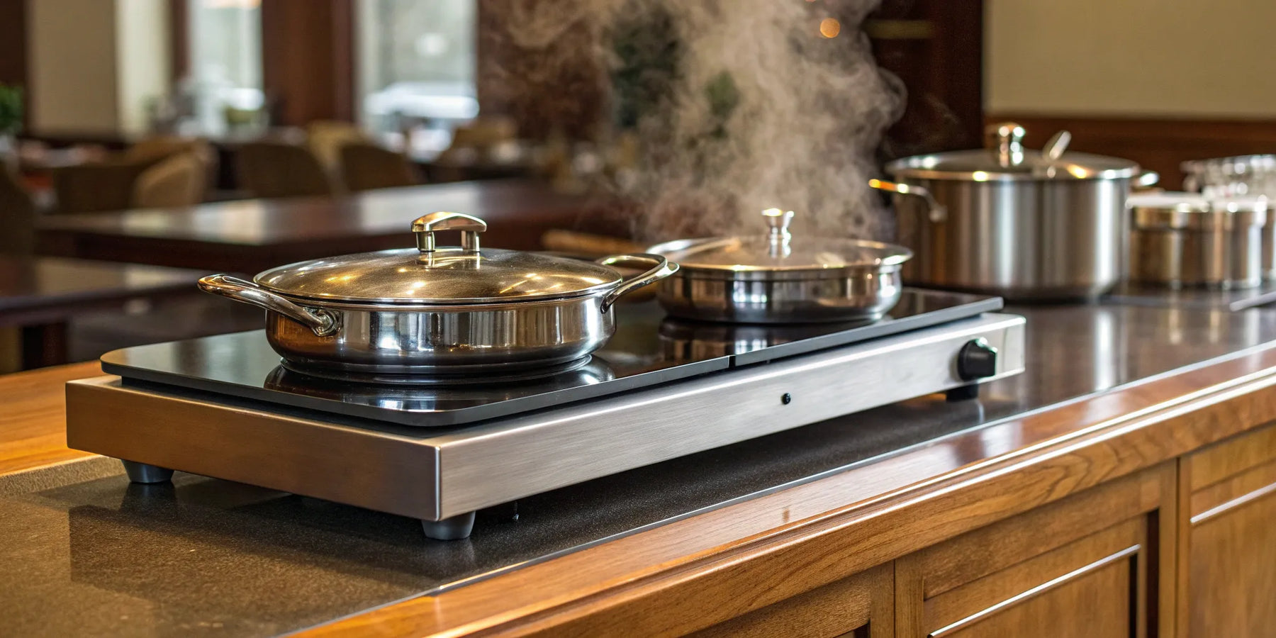 Hot plate with pots cooking.