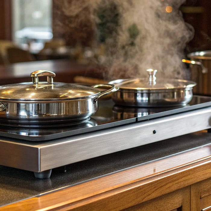 Hot plate with pots cooking.