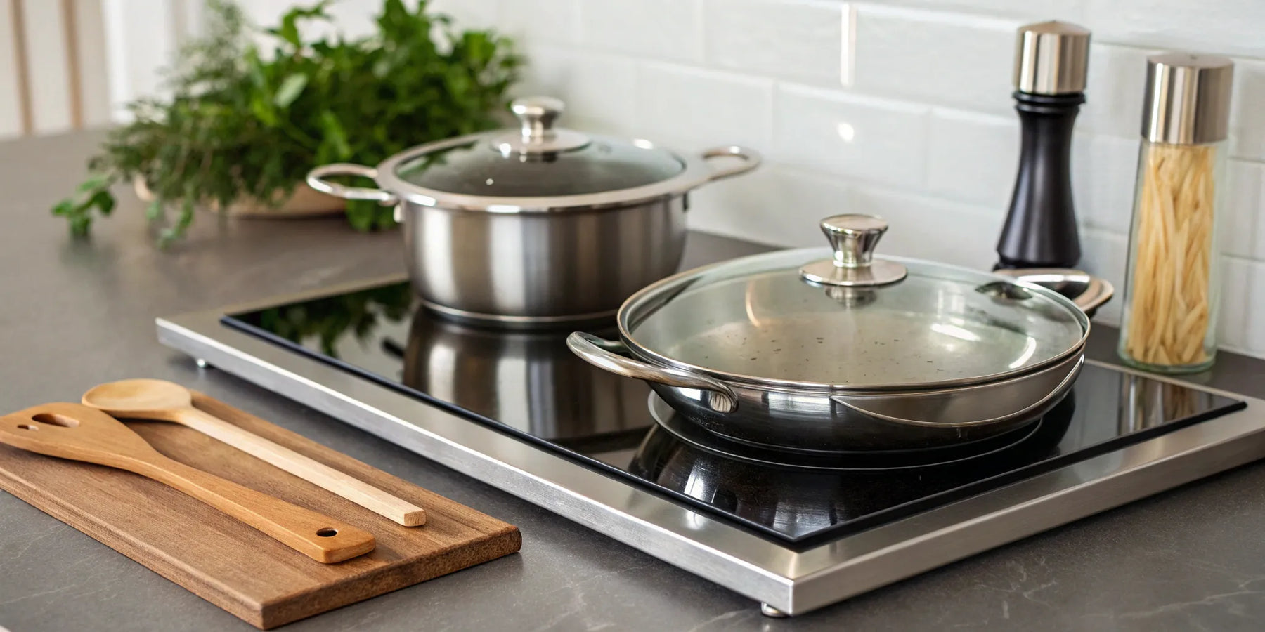 Hot plate with stainless steel pots.