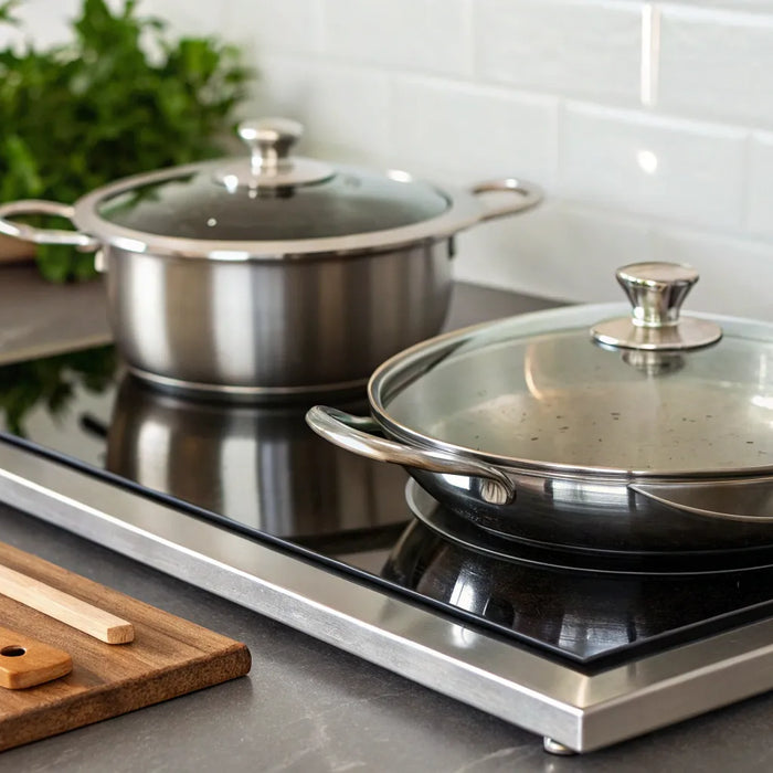 Hot plate with stainless steel pots.