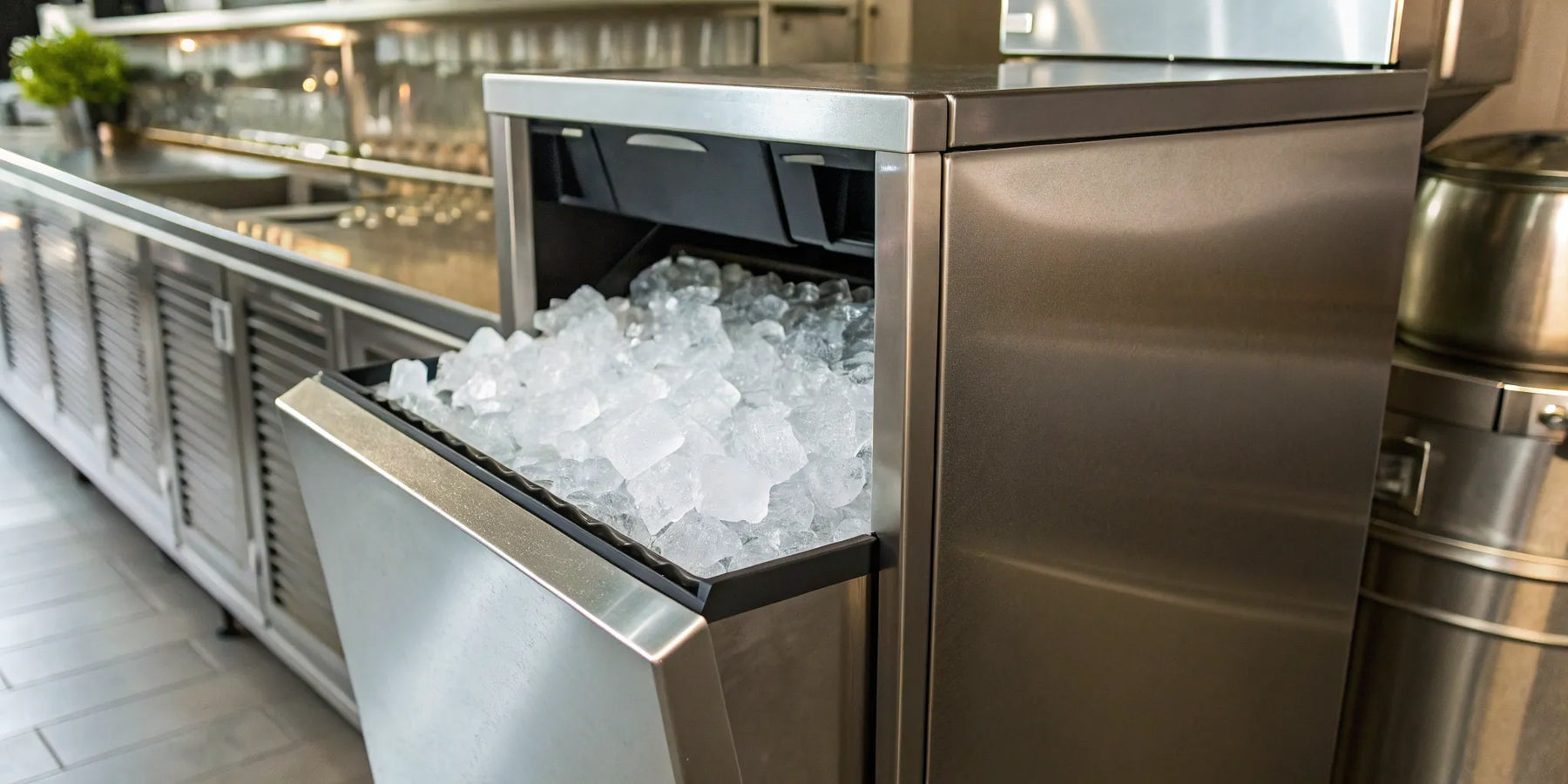 Ice machine producing ice cubes.