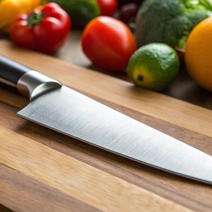 Sharp paring knife on cutting board.