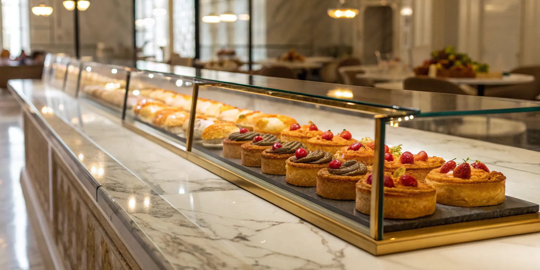 Pastry display case filled with assorted desserts.