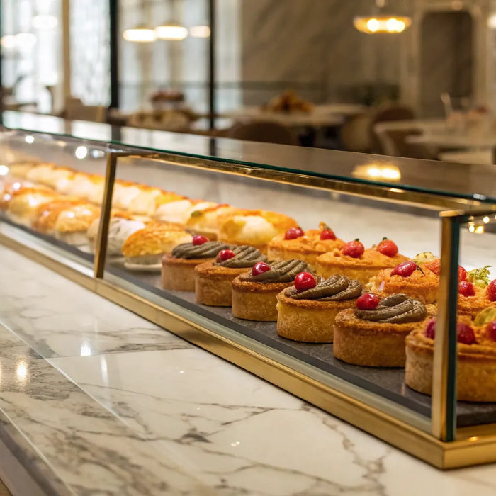 Pastry display case filled with assorted desserts.