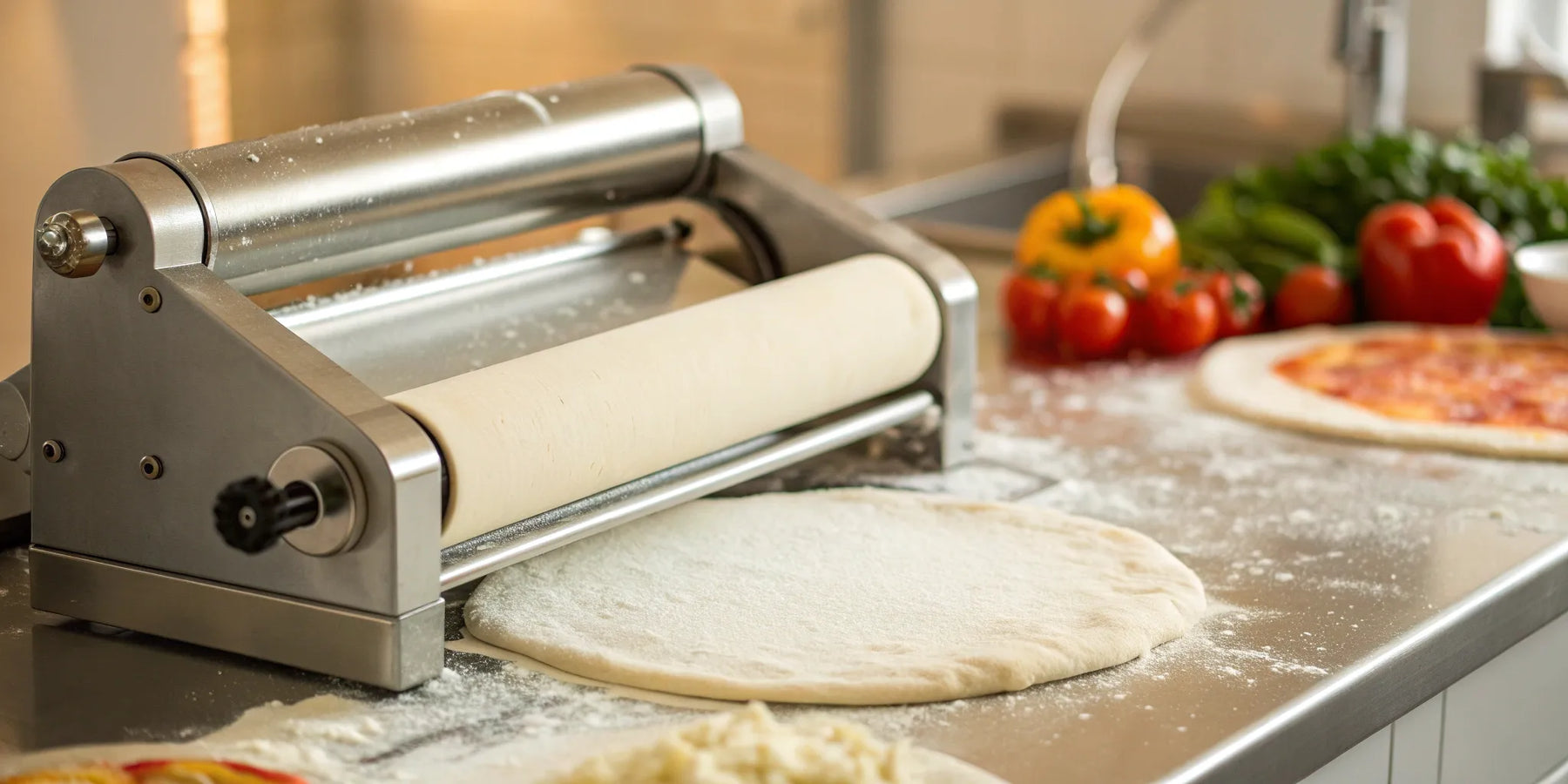 A rolling machine flattens pizza dough on a floured countertop.
