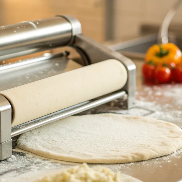 A rolling machine flattens pizza dough on a floured countertop.