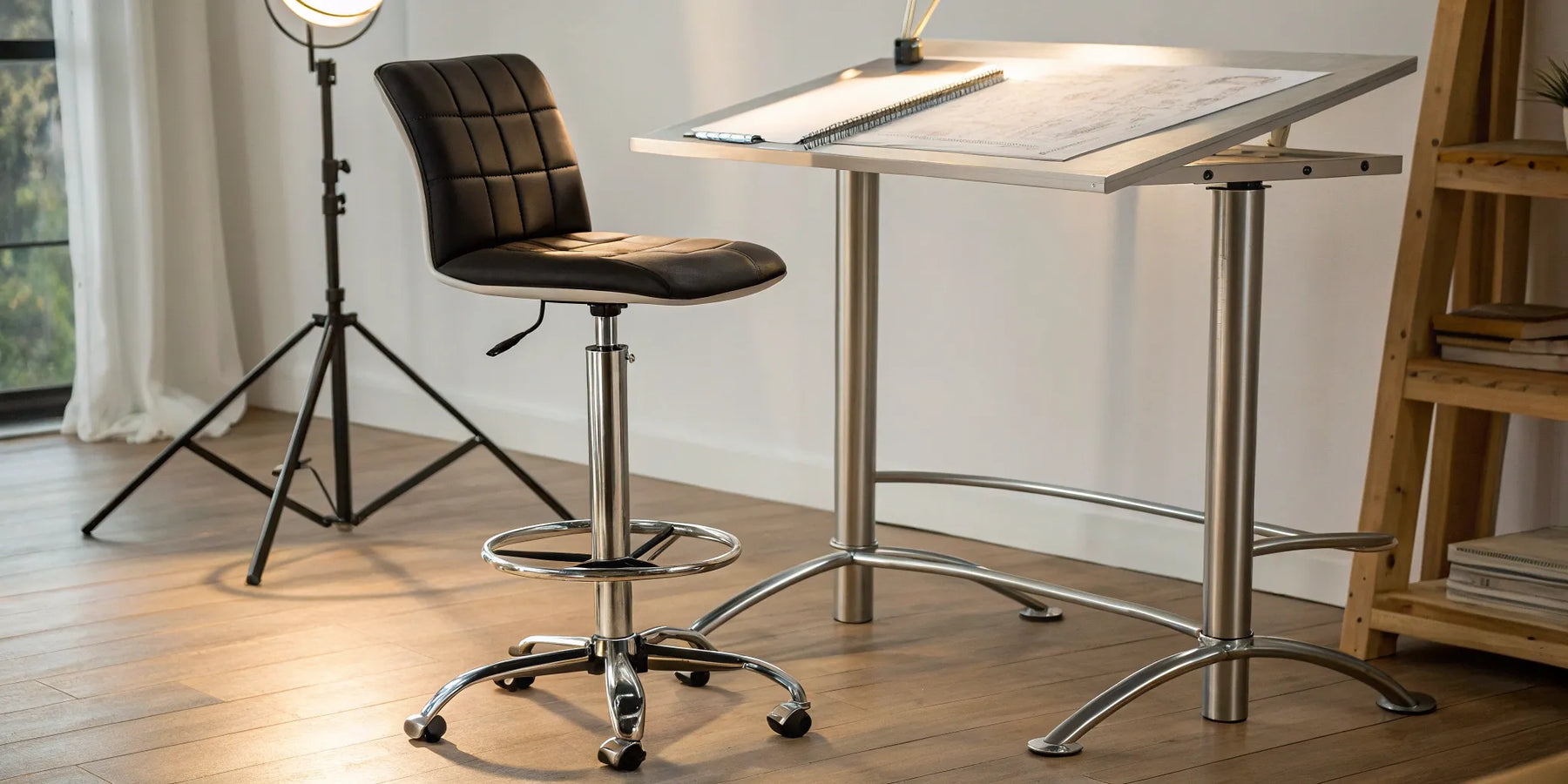 Restaurant drafting stool with padded seat and chrome base.