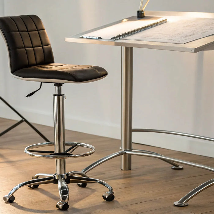 Restaurant drafting stool with padded seat and chrome base.